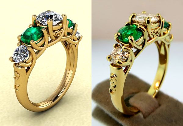 On the left, a design in CAD. On the right, the ring produced in gold.